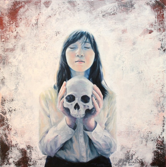 Girl holding a skull oil painting