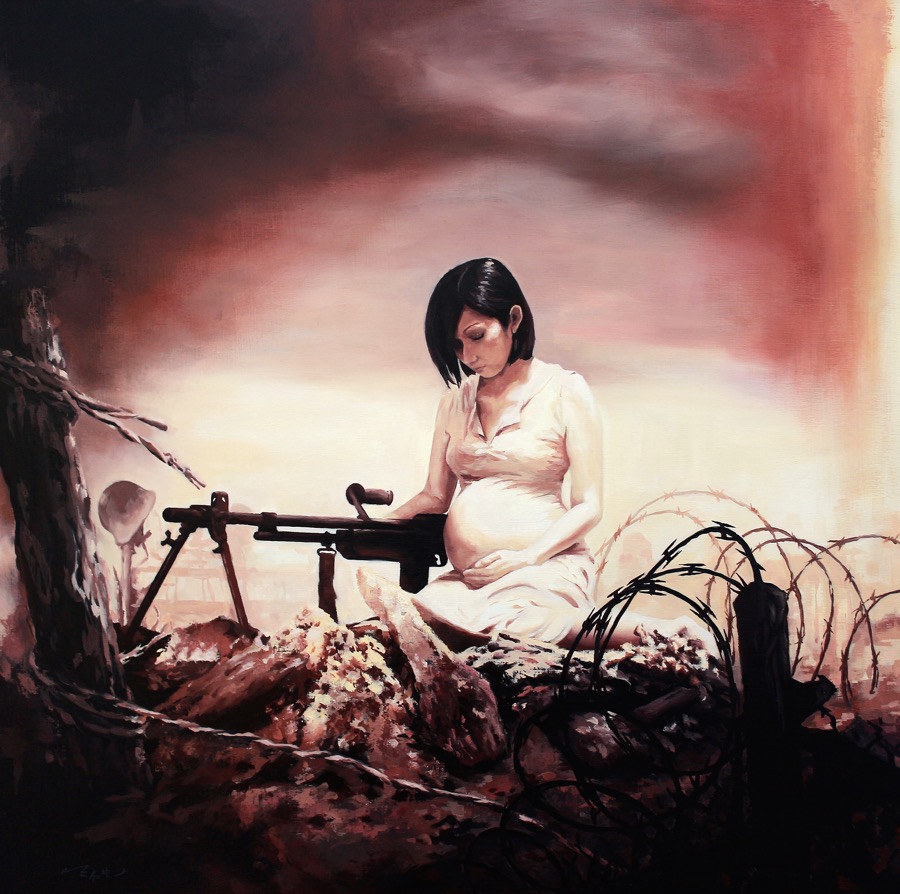 Pregnant woman with a machine gun oil painting