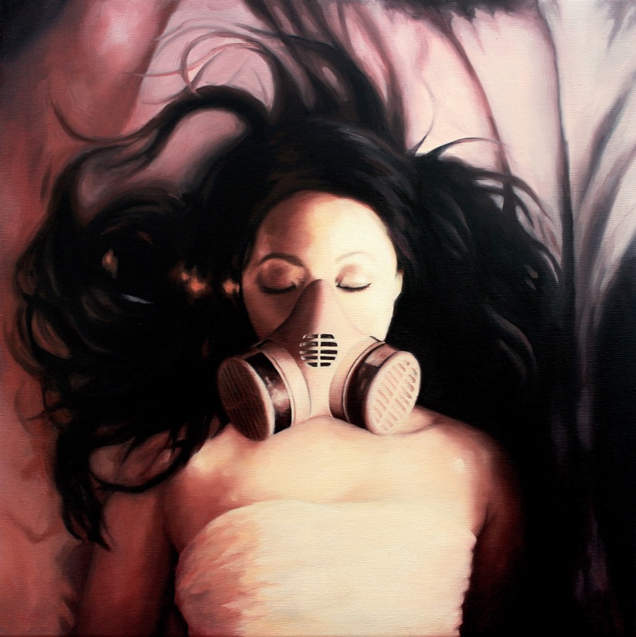 Women in a gas mask oil painting