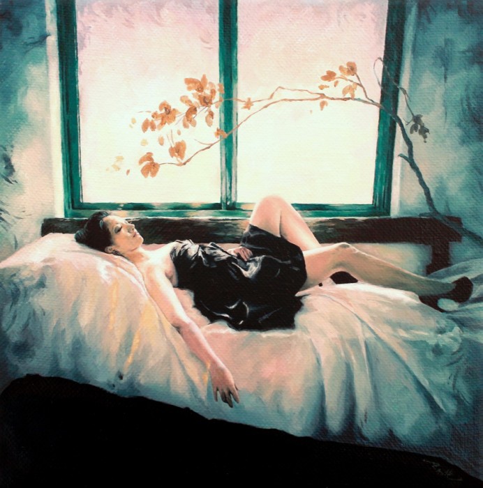 Woman lying by the window