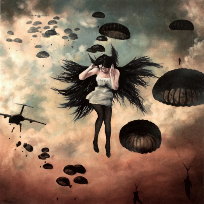 Woman floating in the sky with paratroopers