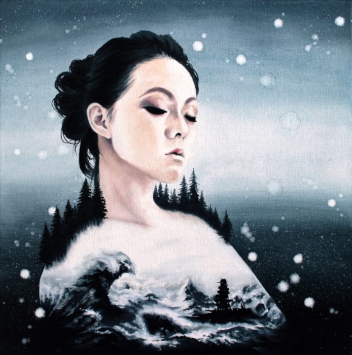 Woman with big waves and war ship and forest and snow