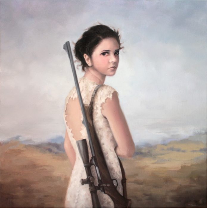 Girl in a white dress carrying a sniper rifle on her shoulder
