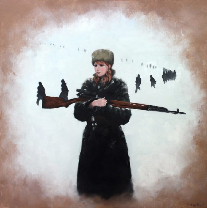 Russian woman partisan holding a sniper rifle in the snow