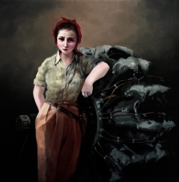 World War II working woman with a airplane engine