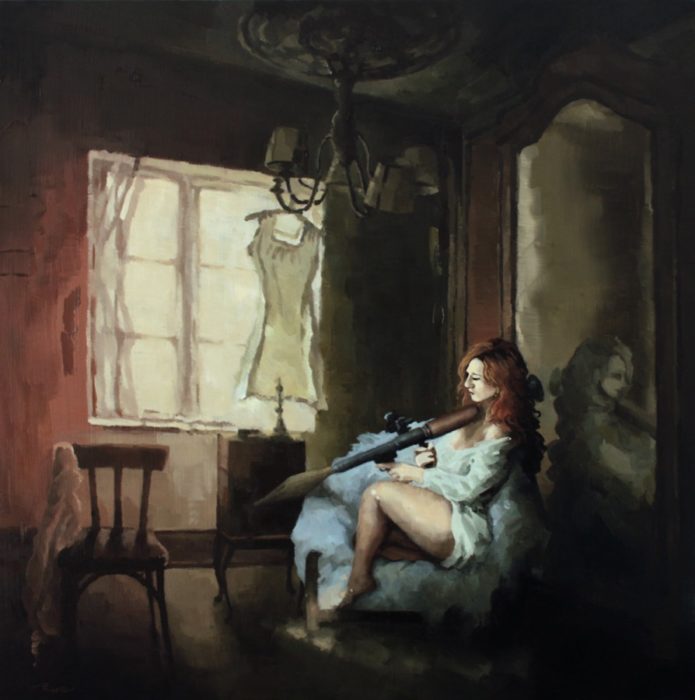 Woman holding an RPG in a dark room by the window