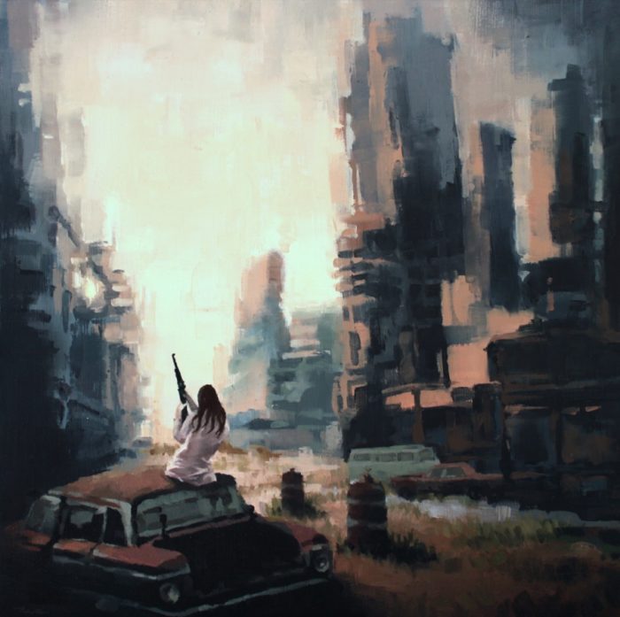 Woman sitting on an abandoned car in a post-apocalyptic street