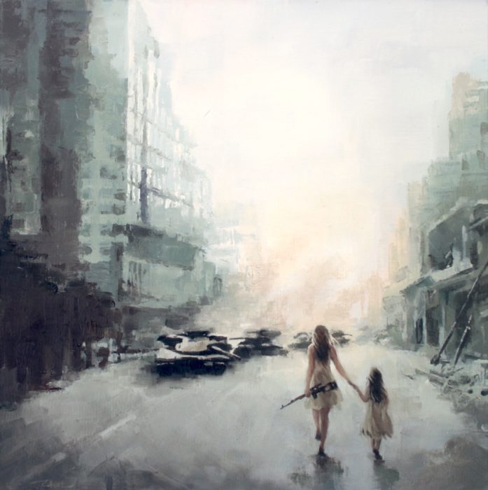 A woman and a girl walking in a abandoned street when tanks approaching