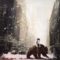 Girl riding a bear crossing a empty street while snowing