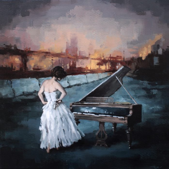 Woman holding a revolver pistol standing in front of a piano in a burning city's empty street