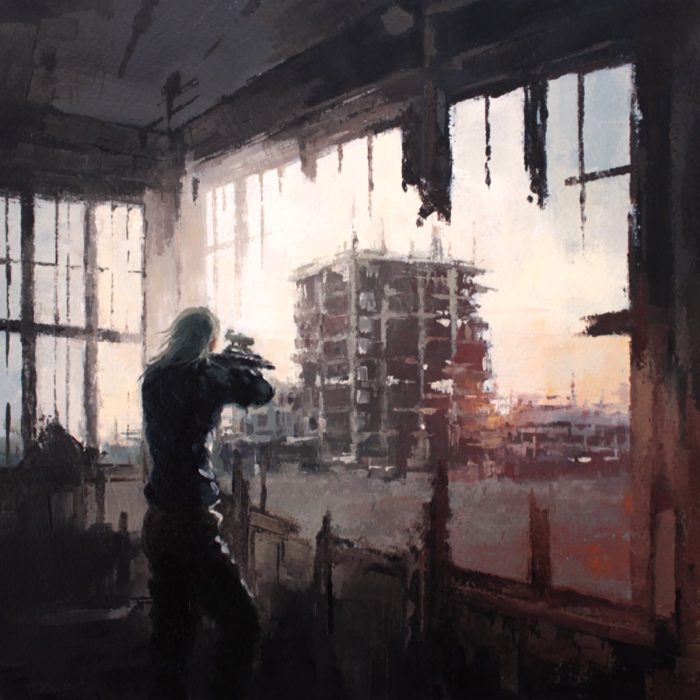 Woman aiming an abandoned building with a sniper rifle in a decay room