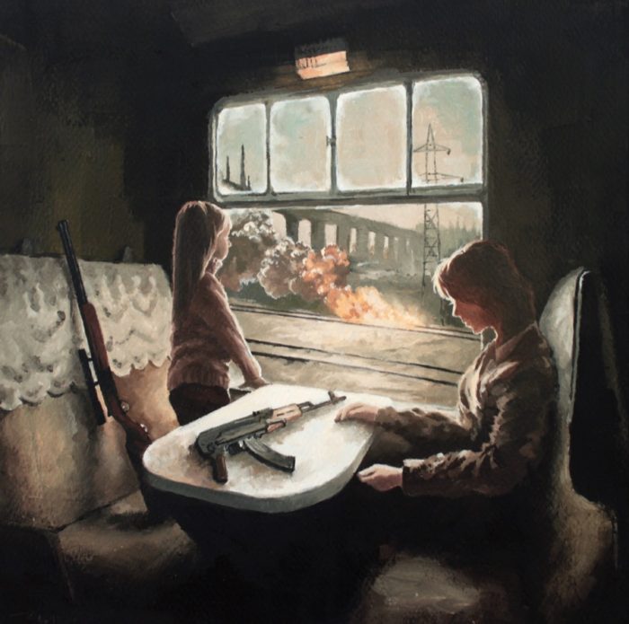Girl and Mom carrying rifles and looking out of a train window at war