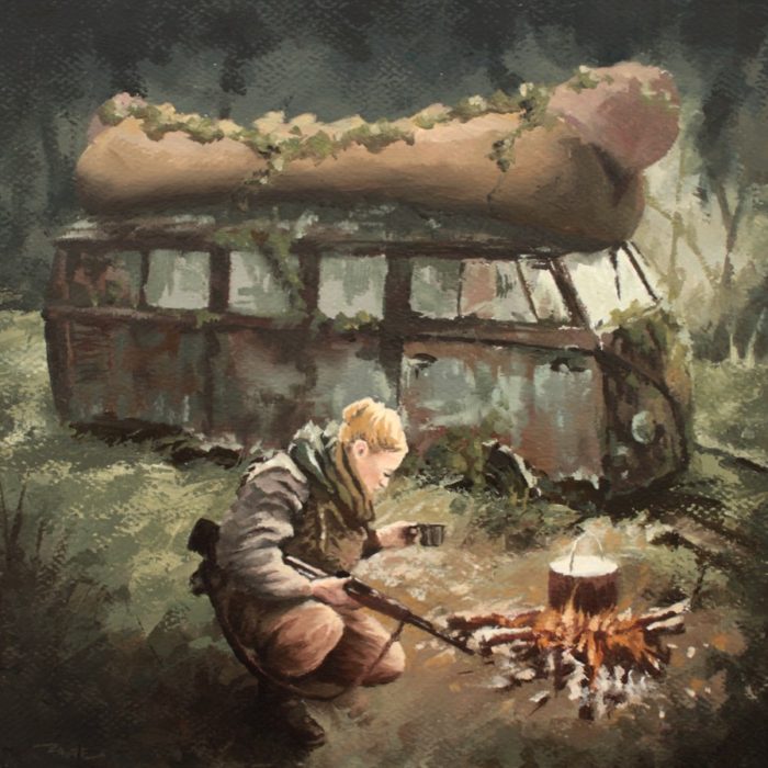 Woman holding an AK rifle cooking beside an abandoned VW hot dog van