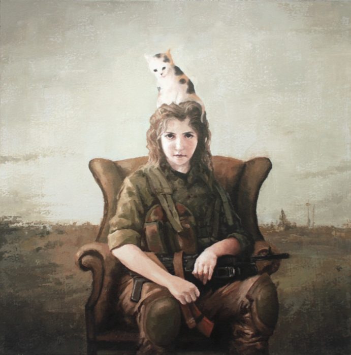 A cat sitting on the head of a guerrilla girl soldier who's holding an AK rifle and sitting in a couch