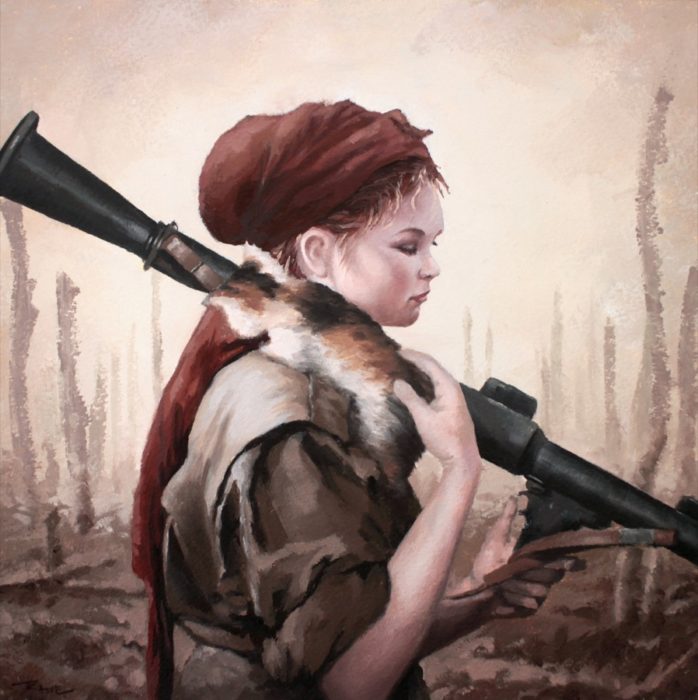 Girl soldier holding an RPG and a cat on her shoulder on the no man's land